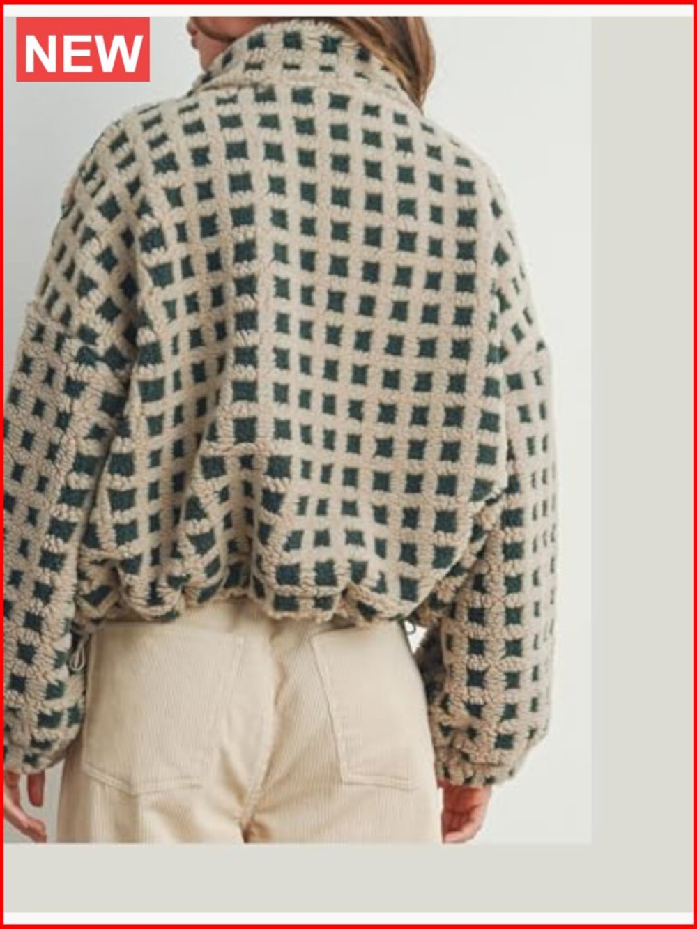 Cropped Sherpa Fleece Plaid Jacket Casual Teddy Fleece Outerwear Long Sleeve - Picture 3 of 7
